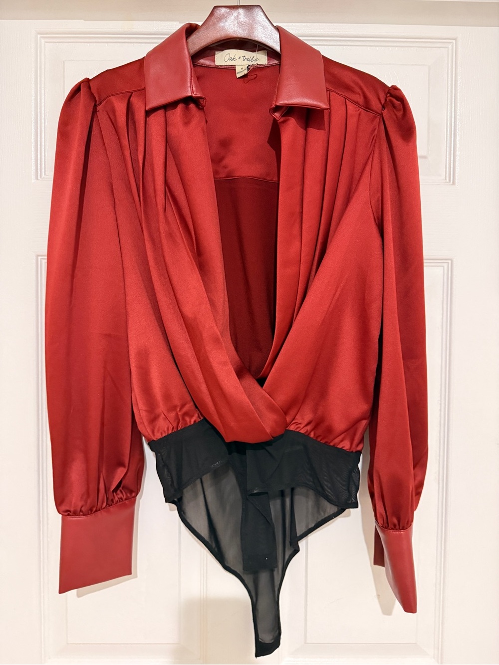 Cut-Mile Red Satin Draped Surplice Bodysuit